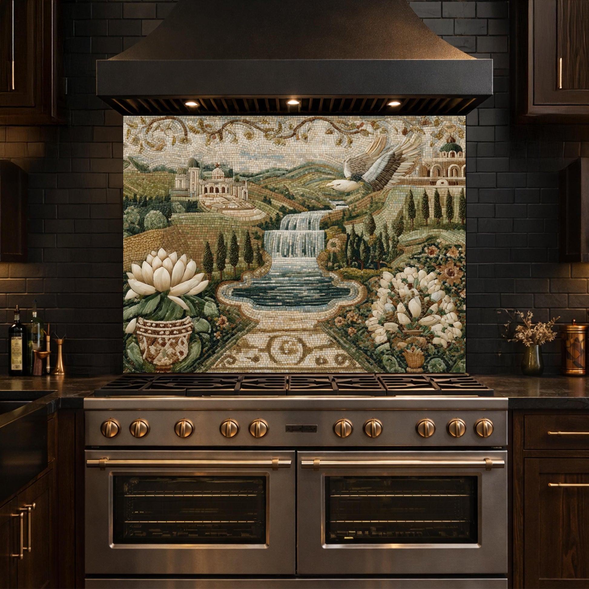 Mediterranean Mosaic Tempered Glass Backsplash, Waterfall Kitchen Decor, Villa Landscape Print