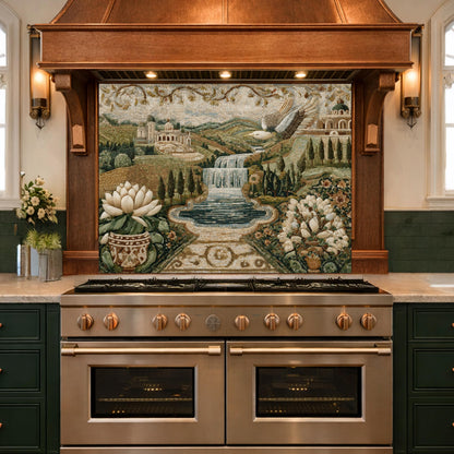 Mediterranean Mosaic Tempered Glass Backsplash, Waterfall Kitchen Decor, Villa Landscape Print