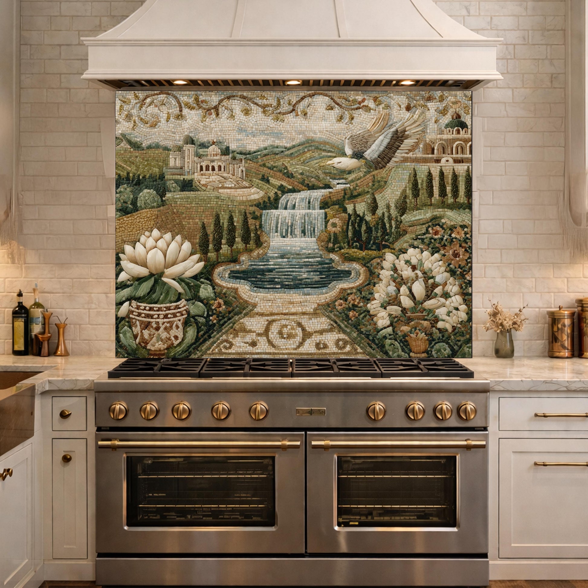 Mediterranean Mosaic Tempered Glass Backsplash, Waterfall Kitchen Decor, Villa Landscape Print