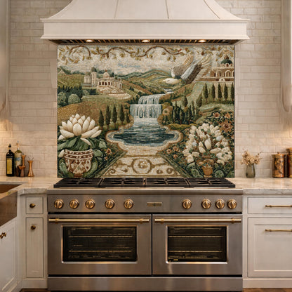 Mediterranean Mosaic Tempered Glass Backsplash, Waterfall Kitchen Decor, Villa Landscape Print