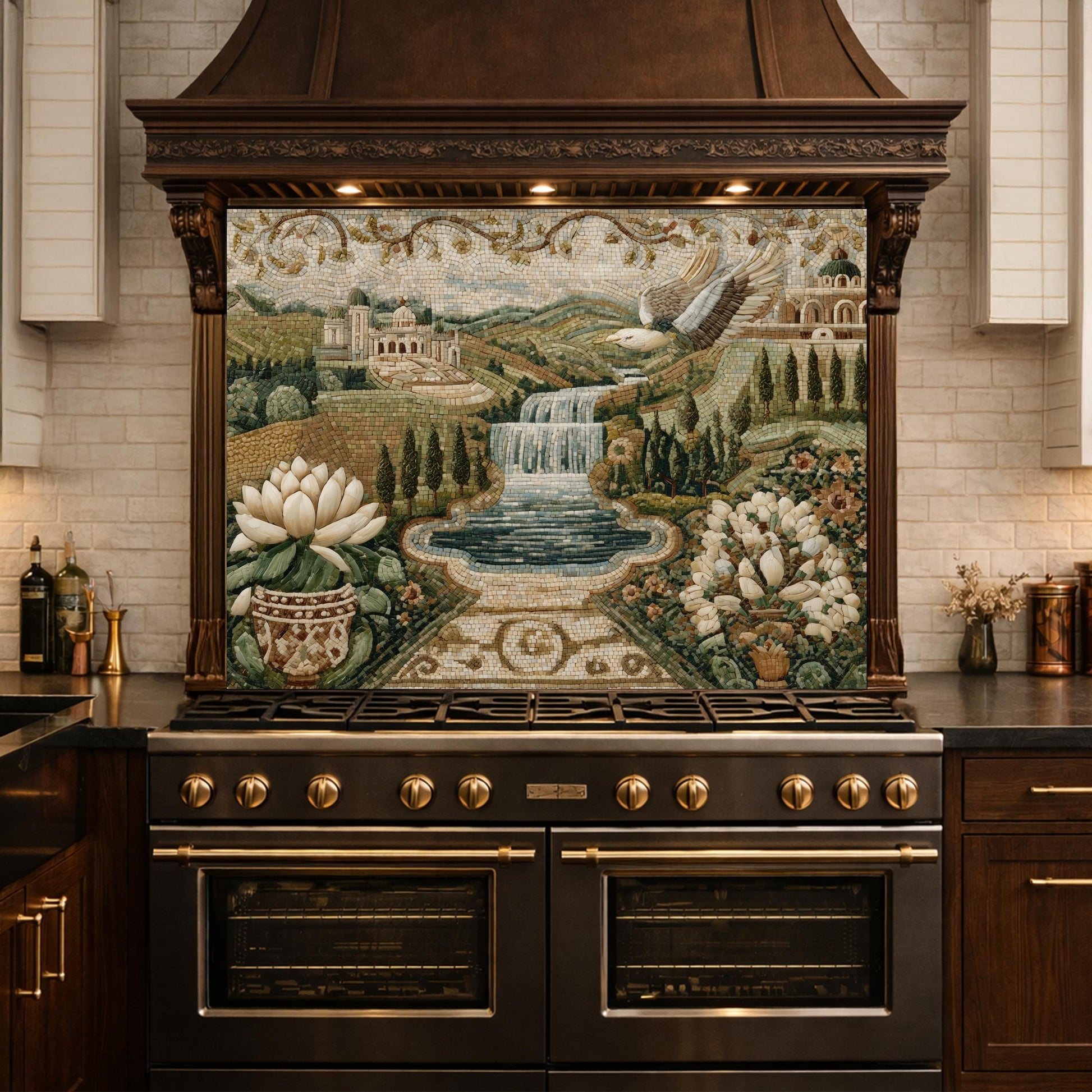 Mediterranean Mosaic Tempered Glass Backsplash, Waterfall Kitchen Decor, Villa Landscape Print