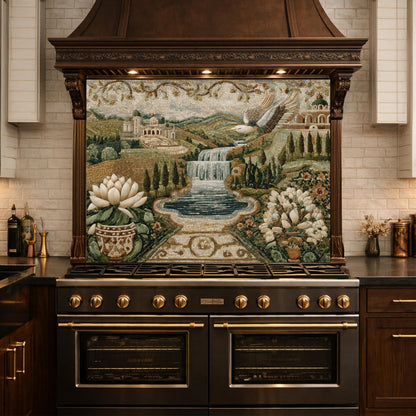 Mediterranean Mosaic Tempered Glass Backsplash, Waterfall Kitchen Decor, Villa Landscape Print