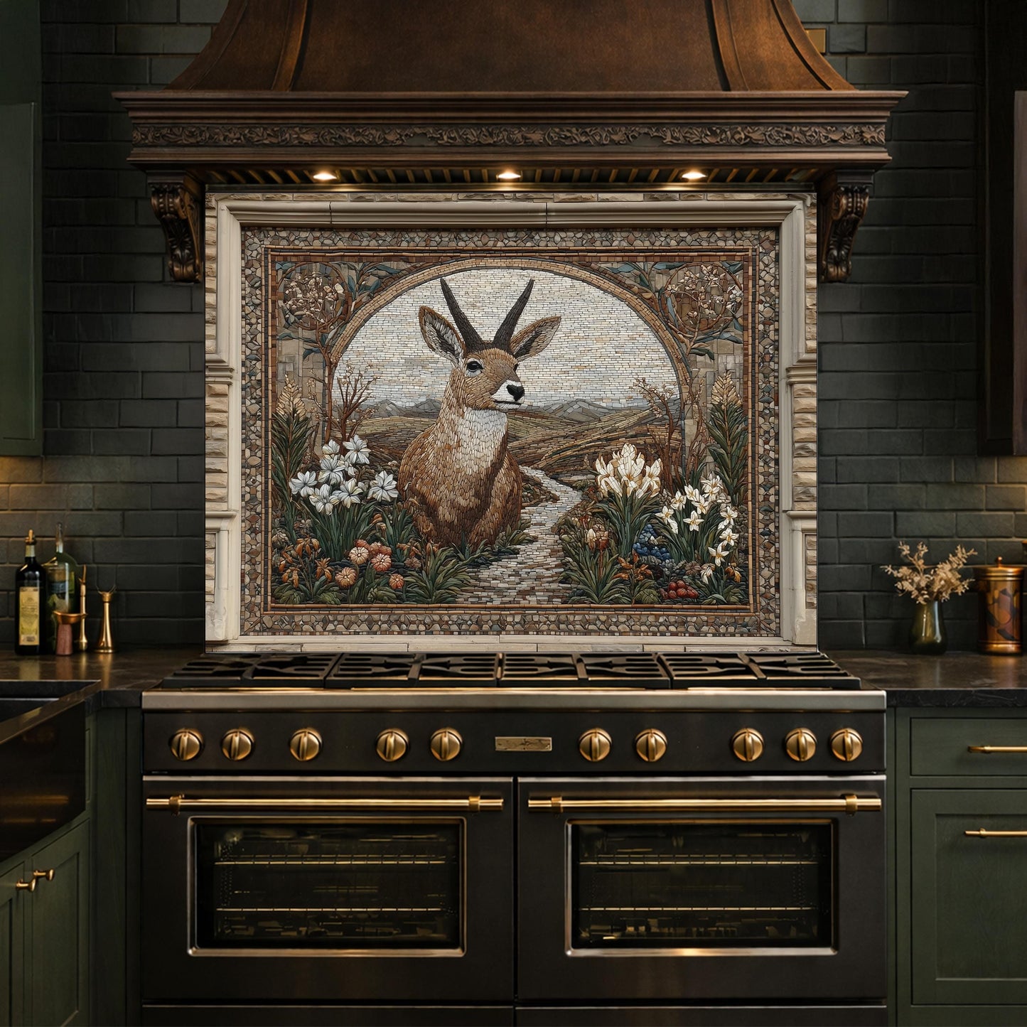 Deer Mosaic Tempered Glass Backsplash, Rustic Wildlife Kitchen Decor