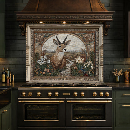 Deer Mosaic Tempered Glass Backsplash, Rustic Wildlife Kitchen Decor