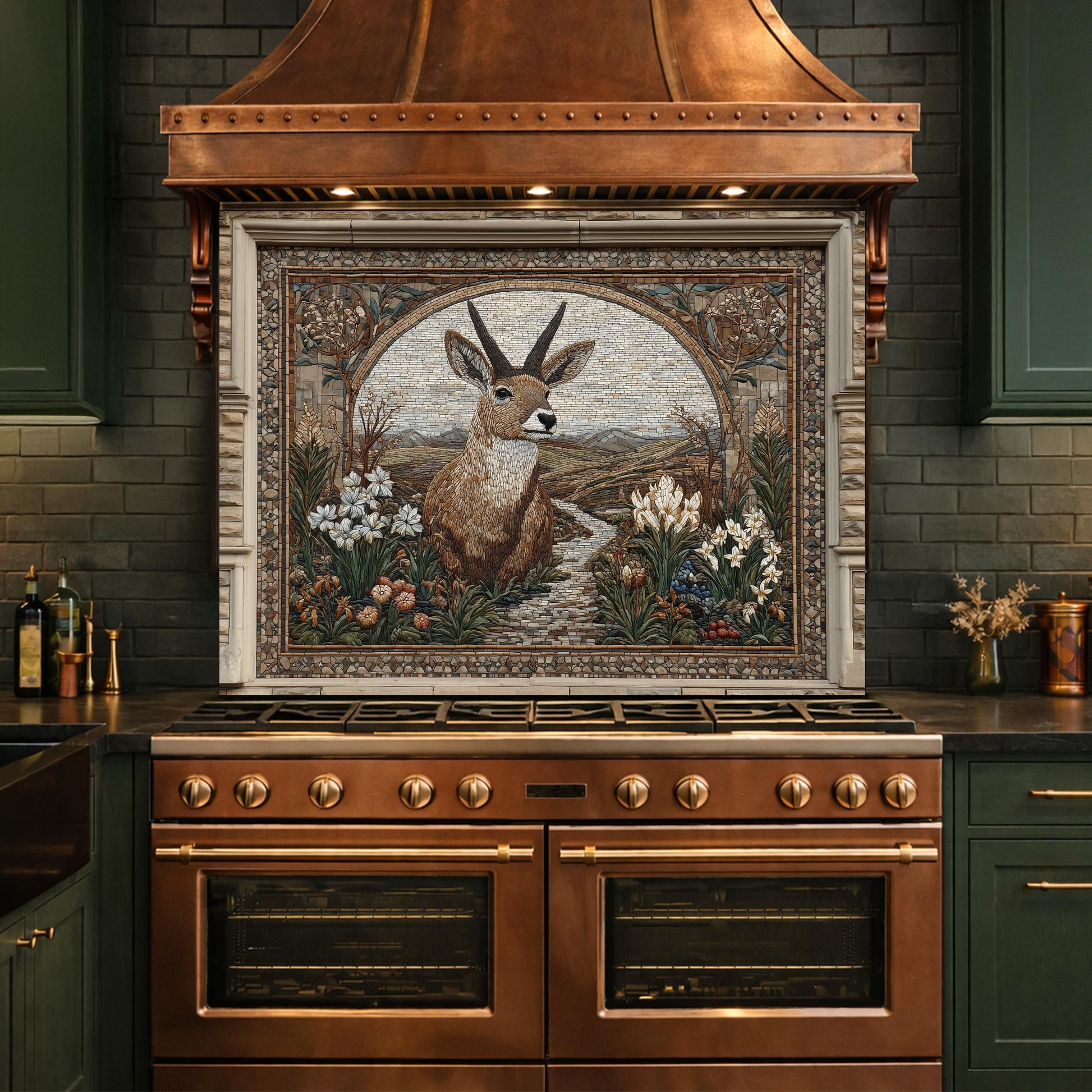 Deer Mosaic Tempered Glass Backsplash, Rustic Wildlife Kitchen Decor