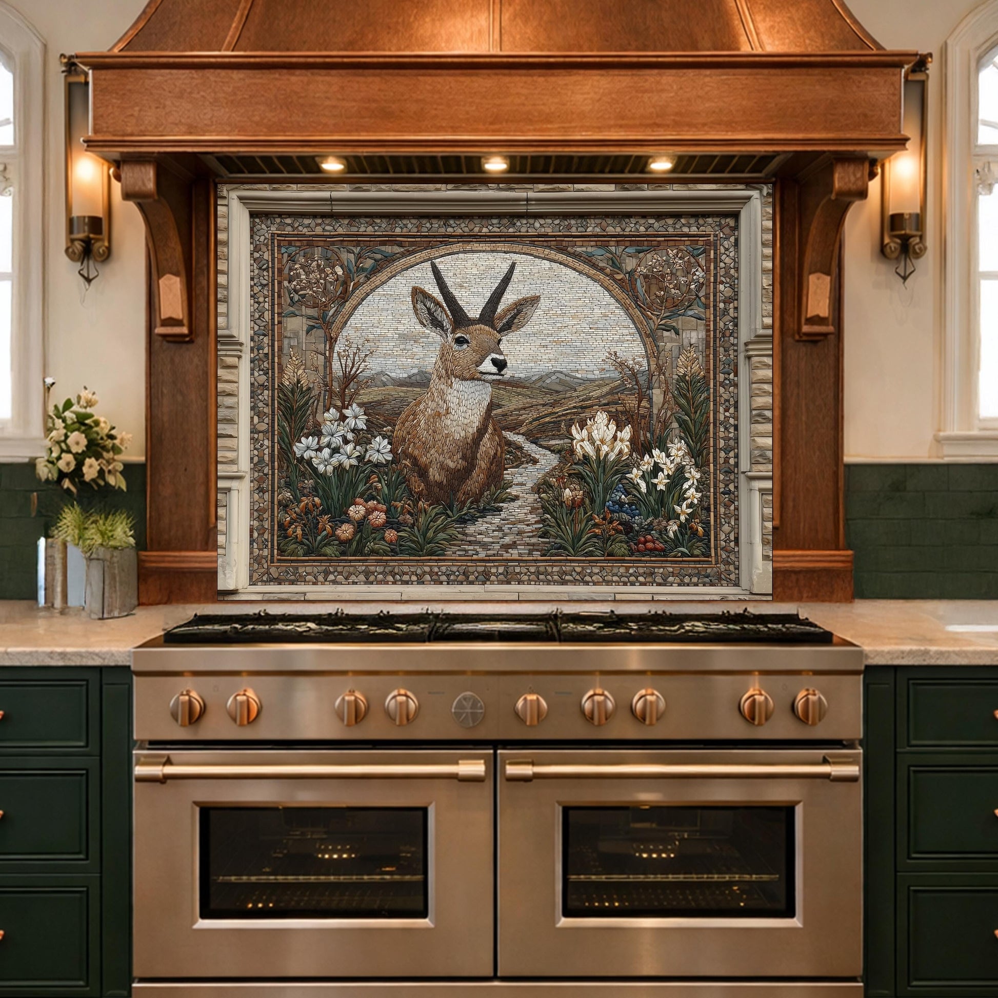 Deer Mosaic Tempered Glass Backsplash, Rustic Wildlife Kitchen Decor