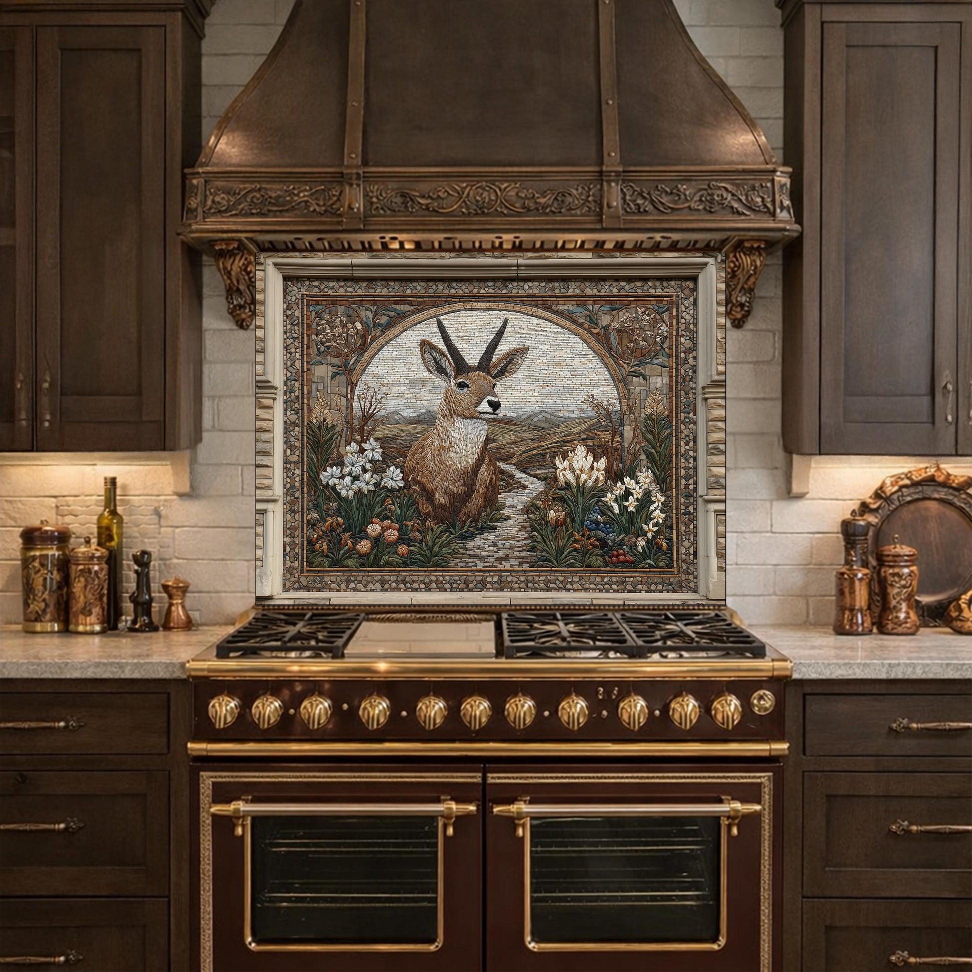 Deer Mosaic Tempered Glass Backsplash, Rustic Wildlife Kitchen Decor