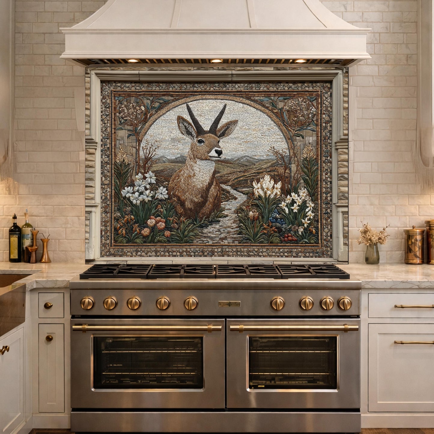 Deer Mosaic Tempered Glass Backsplash, Rustic Wildlife Kitchen Decor