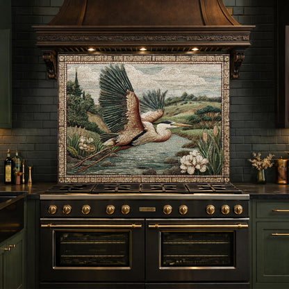 Heron Mosaic Tempered Glass Kitchen Backsplash, Wildlife Stove Decor