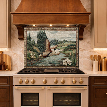 Heron Mosaic Tempered Glass Kitchen Backsplash, Wildlife Stove Decor