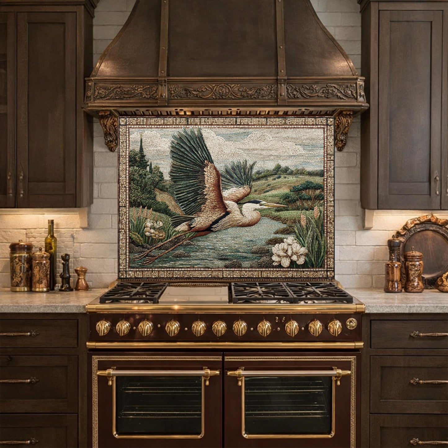 Heron Mosaic Tempered Glass Kitchen Backsplash, Wildlife Stove Decor