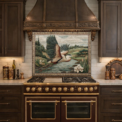 Heron Mosaic Tempered Glass Kitchen Backsplash, Wildlife Stove Decor