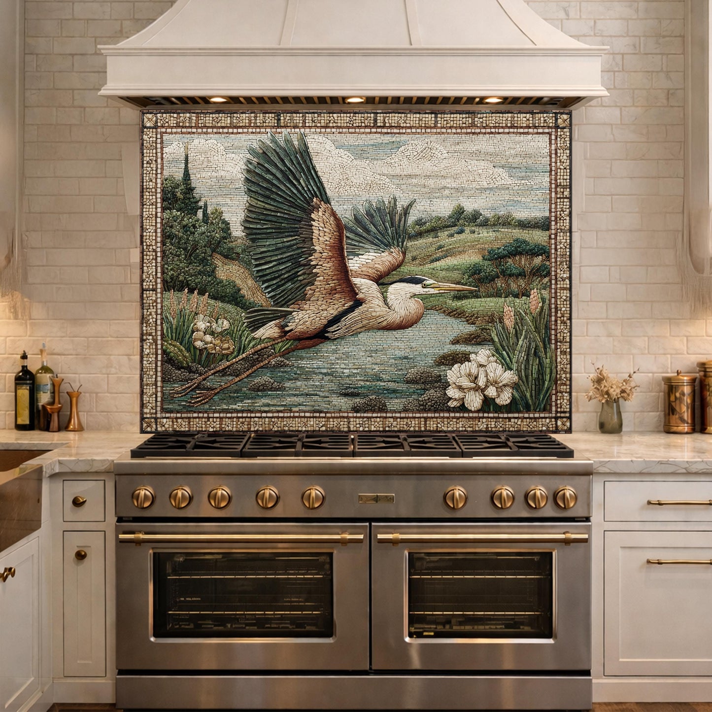 Heron Mosaic Tempered Glass Kitchen Backsplash, Wildlife Stove Decor