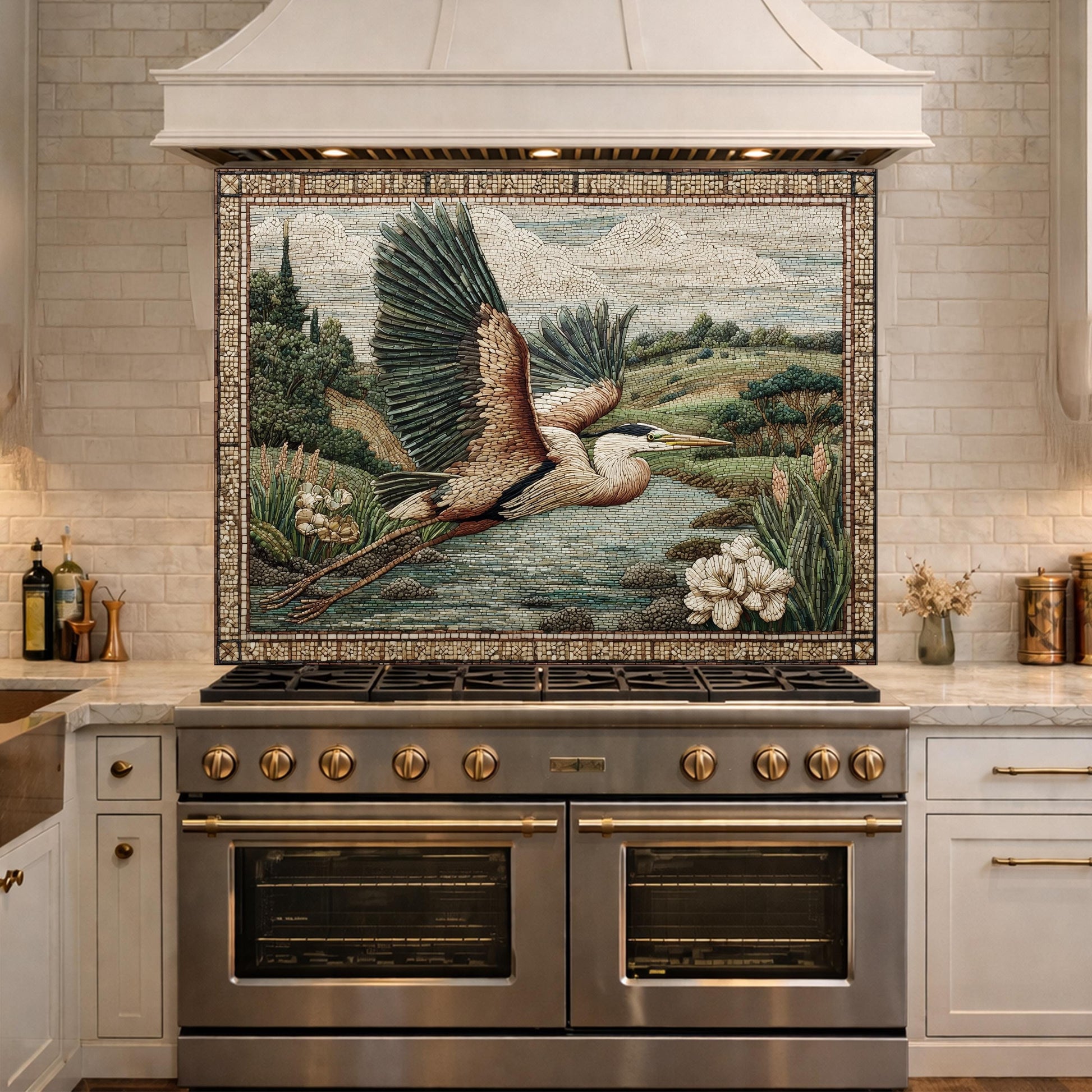 Heron Mosaic Tempered Glass Kitchen Backsplash, Wildlife Stove Decor