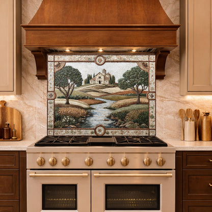 Tuscan Landscape Tempered Glass Kitchen Backsplash, Farmhouse Stove Decor