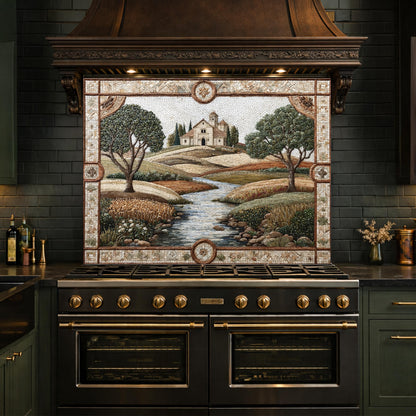 Tuscan Landscape Tempered Glass Kitchen Backsplash, Farmhouse Stove Decor