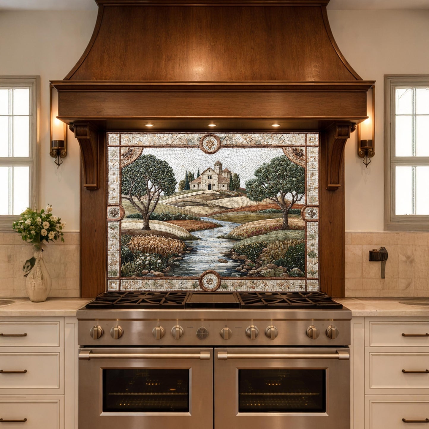 Tuscan Landscape Tempered Glass Kitchen Backsplash, Farmhouse Stove Decor