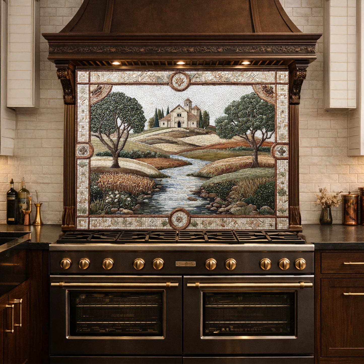 Tuscan Landscape Tempered Glass Kitchen Backsplash, Farmhouse Stove Decor
