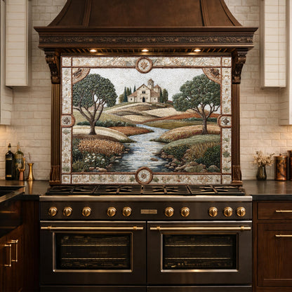 Tuscan Landscape Tempered Glass Kitchen Backsplash, Farmhouse Stove Decor