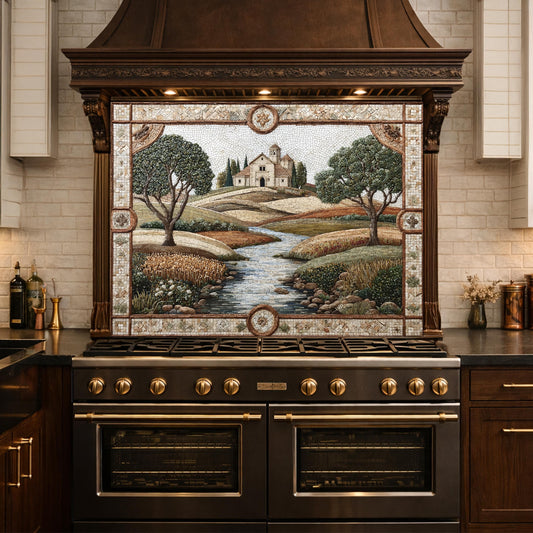 Tuscan Landscape Tempered Glass Kitchen Backsplash, Farmhouse Stove Decor