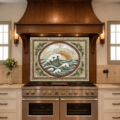 Ocean Wave Tempered Glass Backsplash, Coastal Mosaic Kitchen Stove Panel