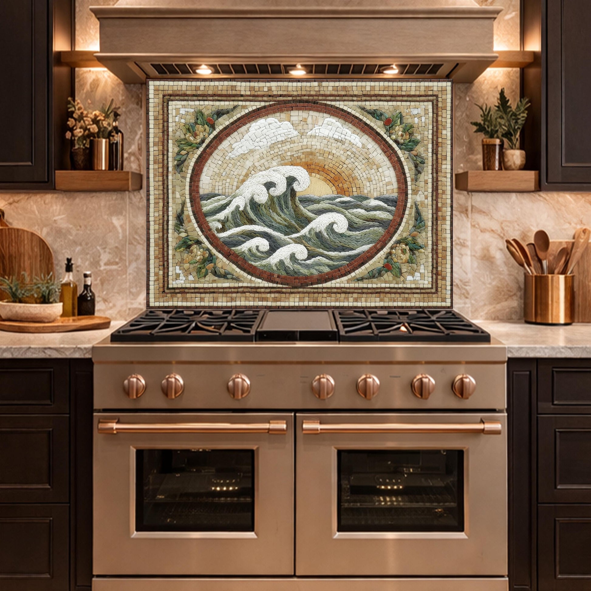 Ocean Wave Tempered Glass Backsplash, Coastal Mosaic Kitchen Stove Panel