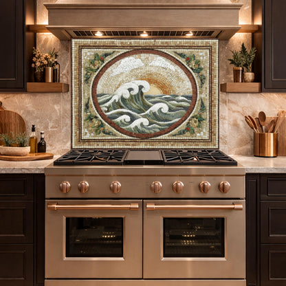 Ocean Wave Tempered Glass Backsplash, Coastal Mosaic Kitchen Stove Panel