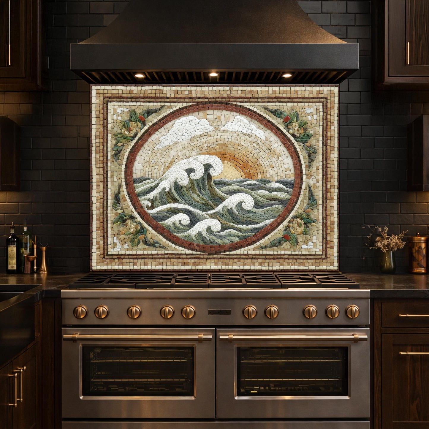 Ocean Wave Tempered Glass Backsplash, Coastal Mosaic Kitchen Stove Panel