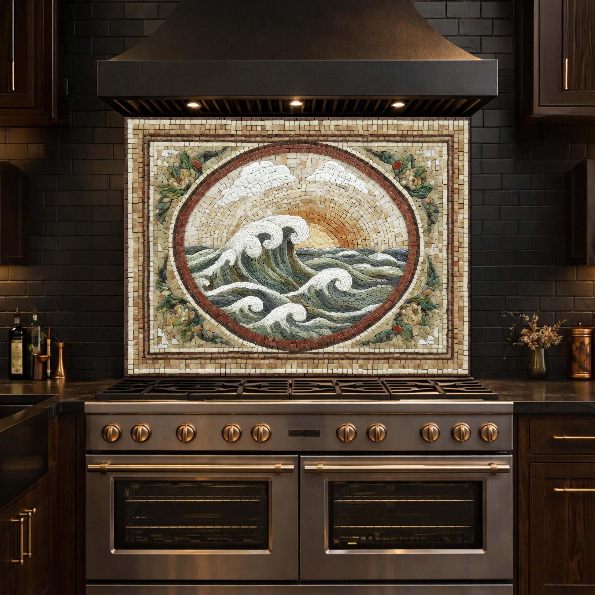Ocean Wave Tempered Glass Backsplash, Coastal Mosaic Kitchen Stove Panel