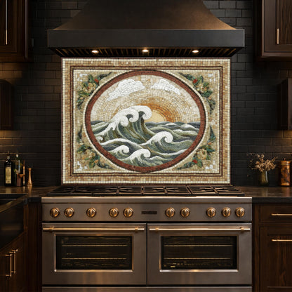 Ocean Wave Tempered Glass Backsplash, Coastal Mosaic Kitchen Stove Panel