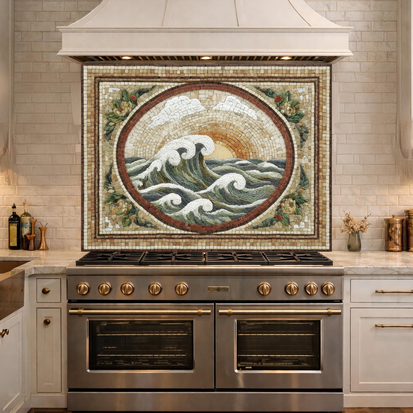 Ocean Wave Tempered Glass Backsplash, Coastal Mosaic Kitchen Stove Panel