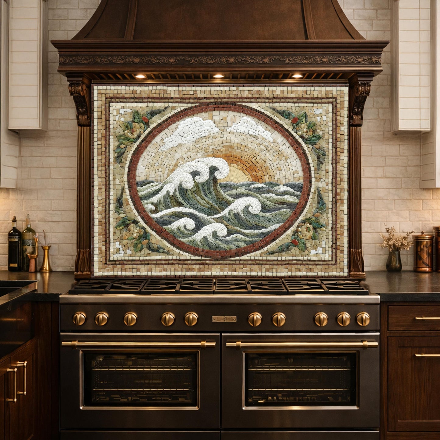 Ocean Wave Tempered Glass Backsplash, Coastal Mosaic Kitchen Stove Panel