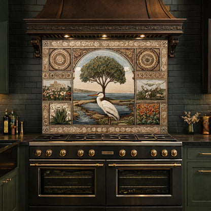 Heron Mosaic Tempered Glass Kitchen Backsplash, Mediterranean Stove Decor
