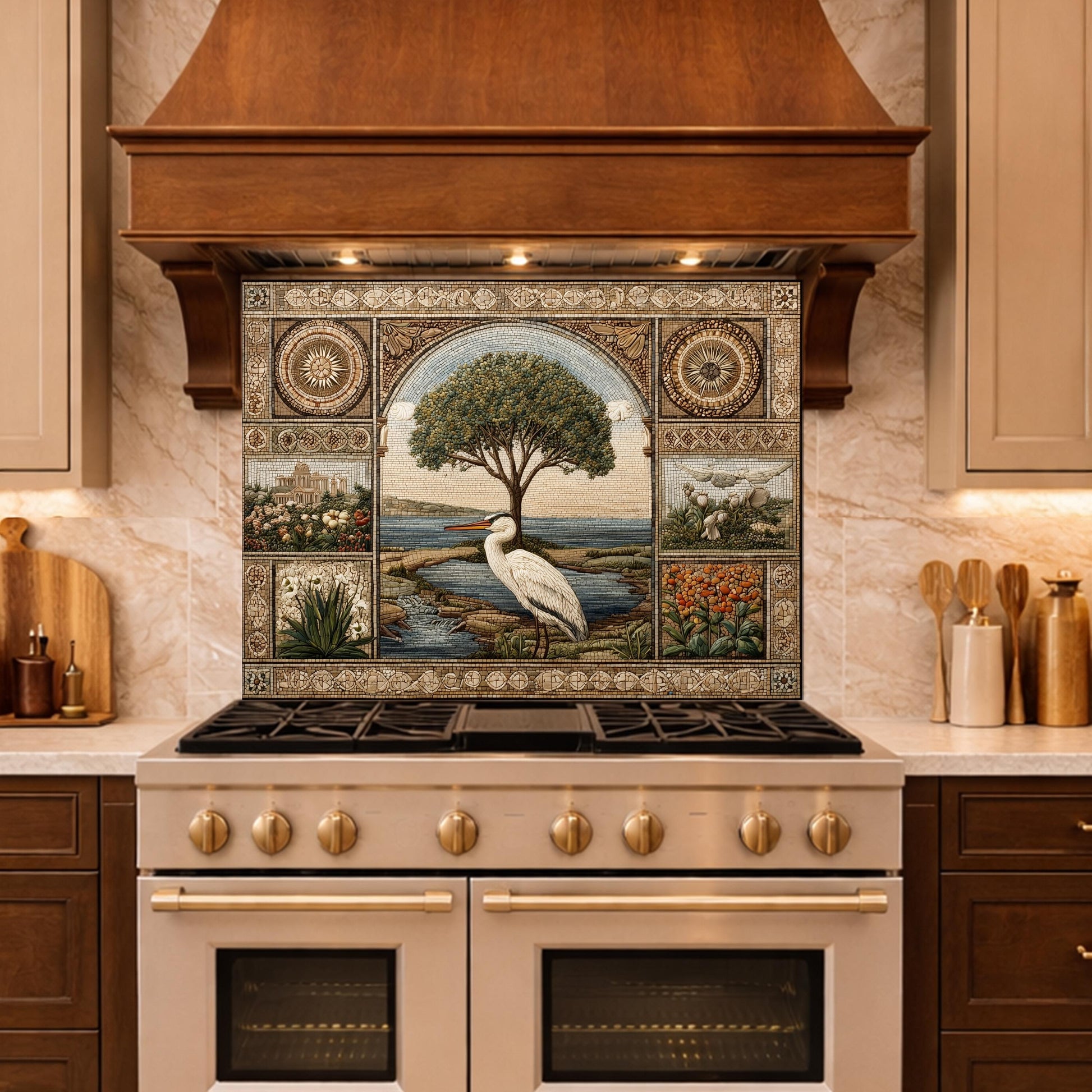 Heron Mosaic Tempered Glass Kitchen Backsplash, Mediterranean Stove Decor