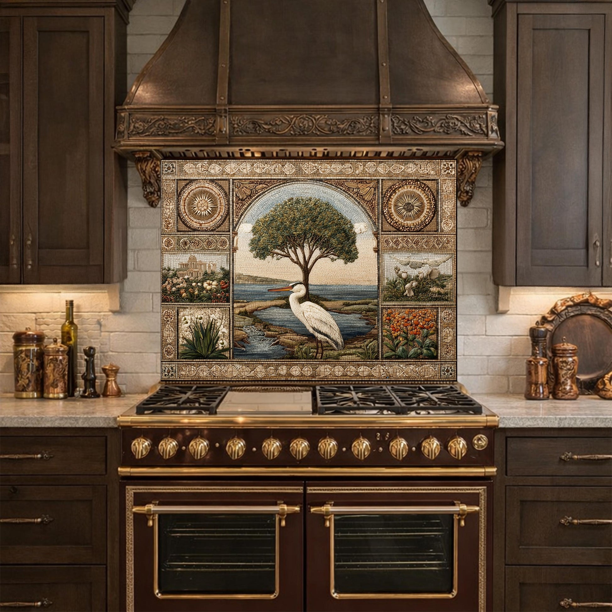 Heron Mosaic Tempered Glass Kitchen Backsplash, Mediterranean Stove Decor