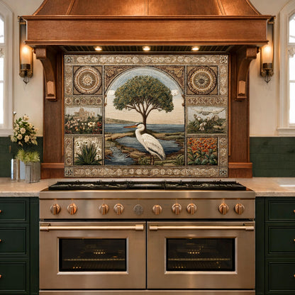 Heron Mosaic Tempered Glass Kitchen Backsplash, Mediterranean Stove Decor