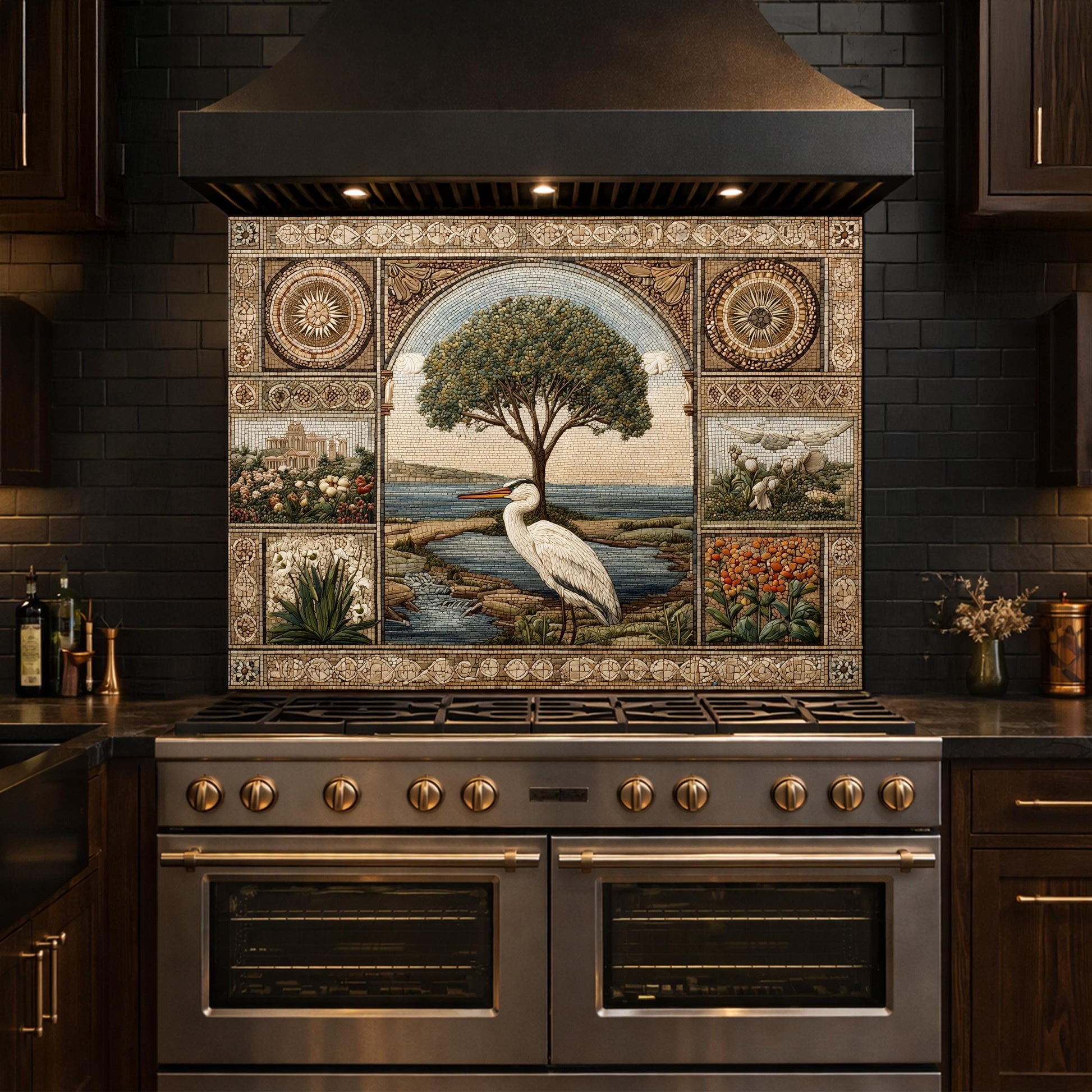 Heron Mosaic Tempered Glass Kitchen Backsplash, Mediterranean Stove Decor