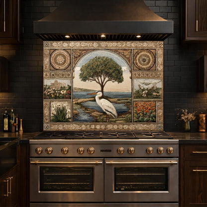 Heron Mosaic Tempered Glass Kitchen Backsplash, Mediterranean Stove Decor