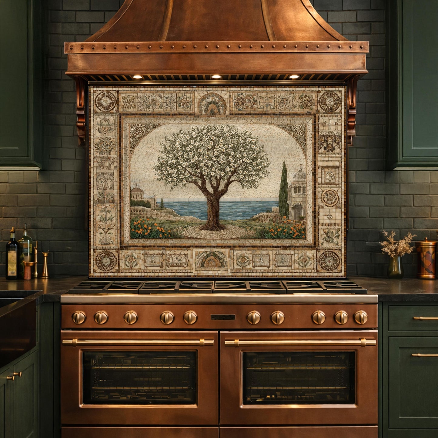 Tempered Glass Tree of Life Mosaic Kitchen Backsplash, Mediterranean Stove Decor