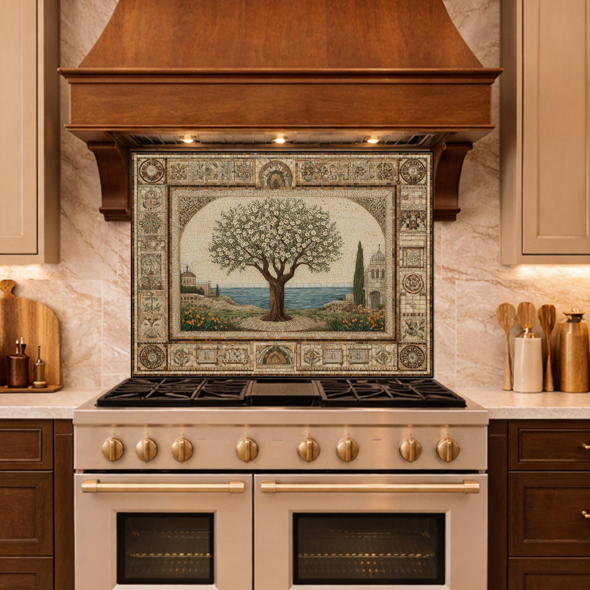 Tempered Glass Tree of Life Mosaic Kitchen Backsplash, Mediterranean Stove Decor