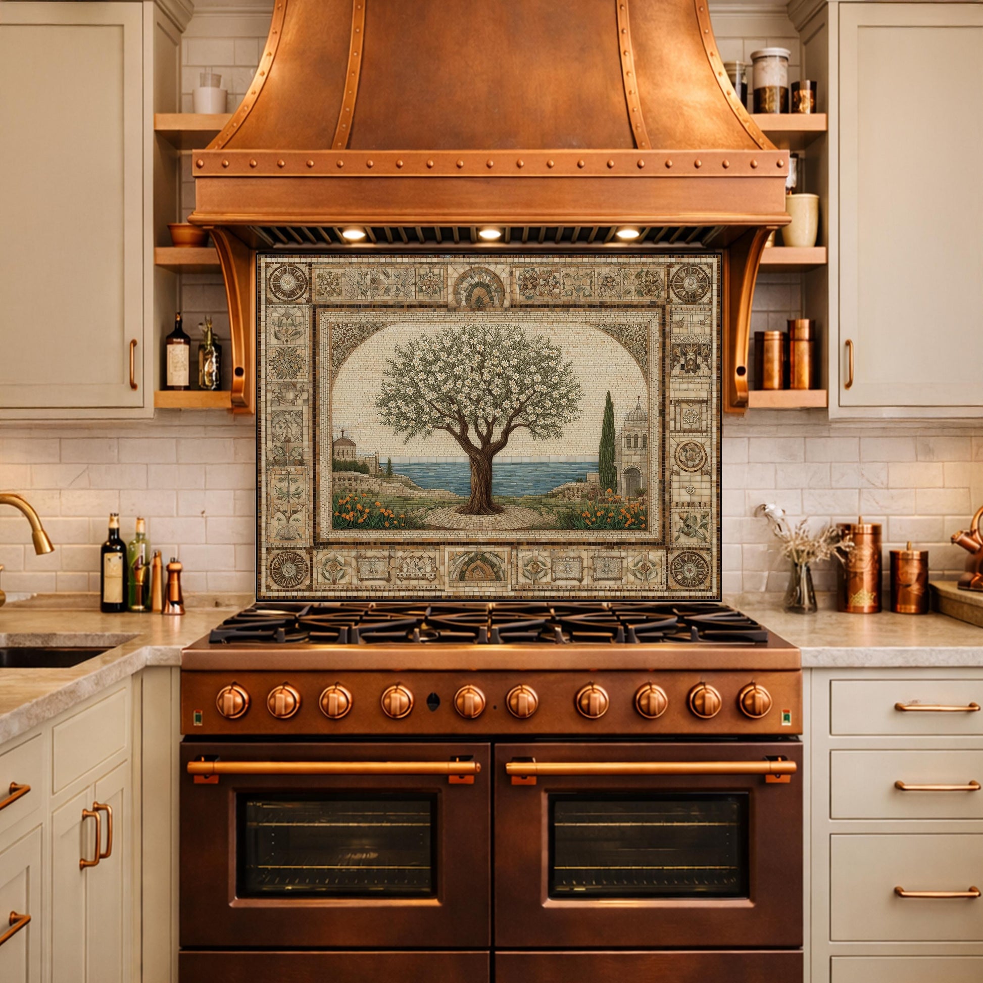 Tempered Glass Tree of Life Mosaic Kitchen Backsplash, Mediterranean Stove Decor
