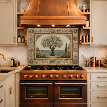 Tempered Glass Tree of Life Mosaic Kitchen Backsplash, Mediterranean Stove Decor