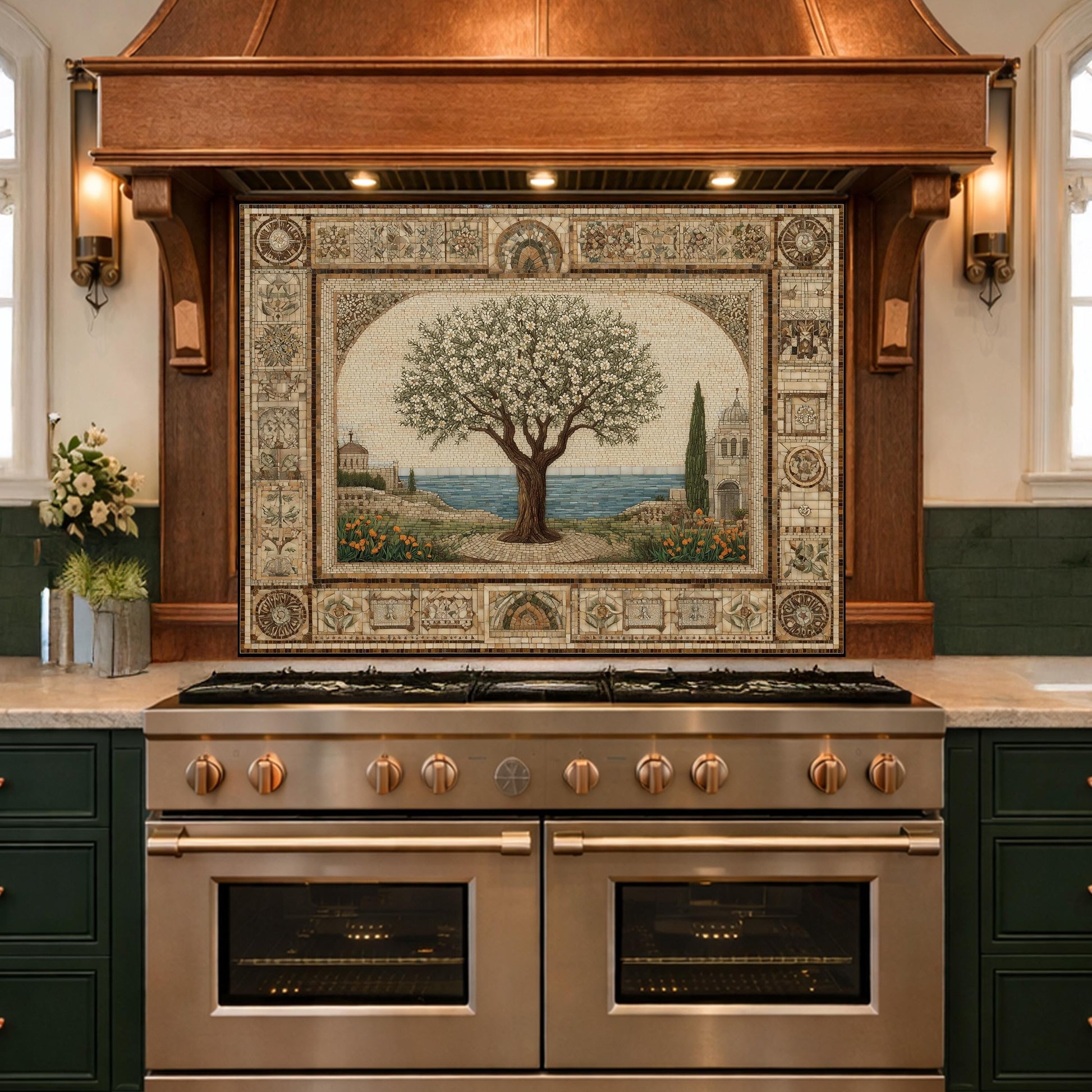 Tempered Glass Tree of Life Mosaic Kitchen Backsplash, Mediterranean Stove Decor