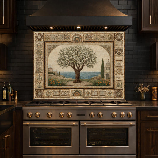 Tempered Glass Tree of Life Mosaic Kitchen Backsplash, Mediterranean Stove Decor