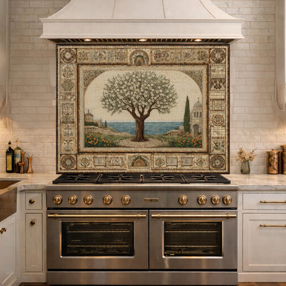 Tempered Glass Tree of Life Mosaic Kitchen Backsplash, Mediterranean Stove Decor