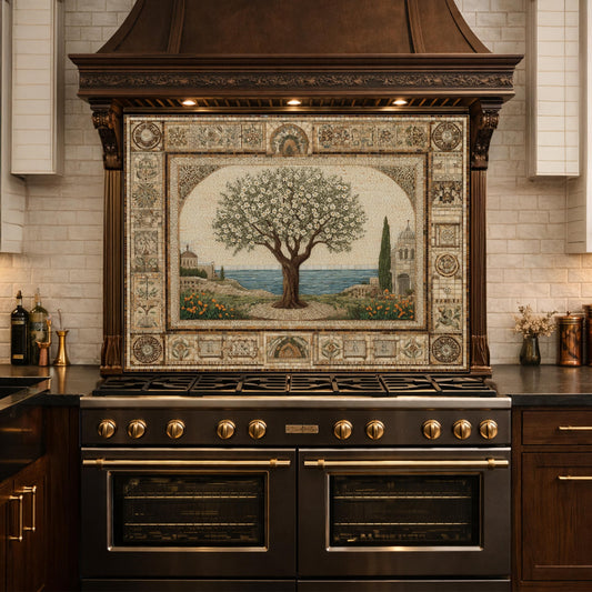 Tempered Glass Tree of Life Mosaic Kitchen Backsplash, Mediterranean Stove Decor