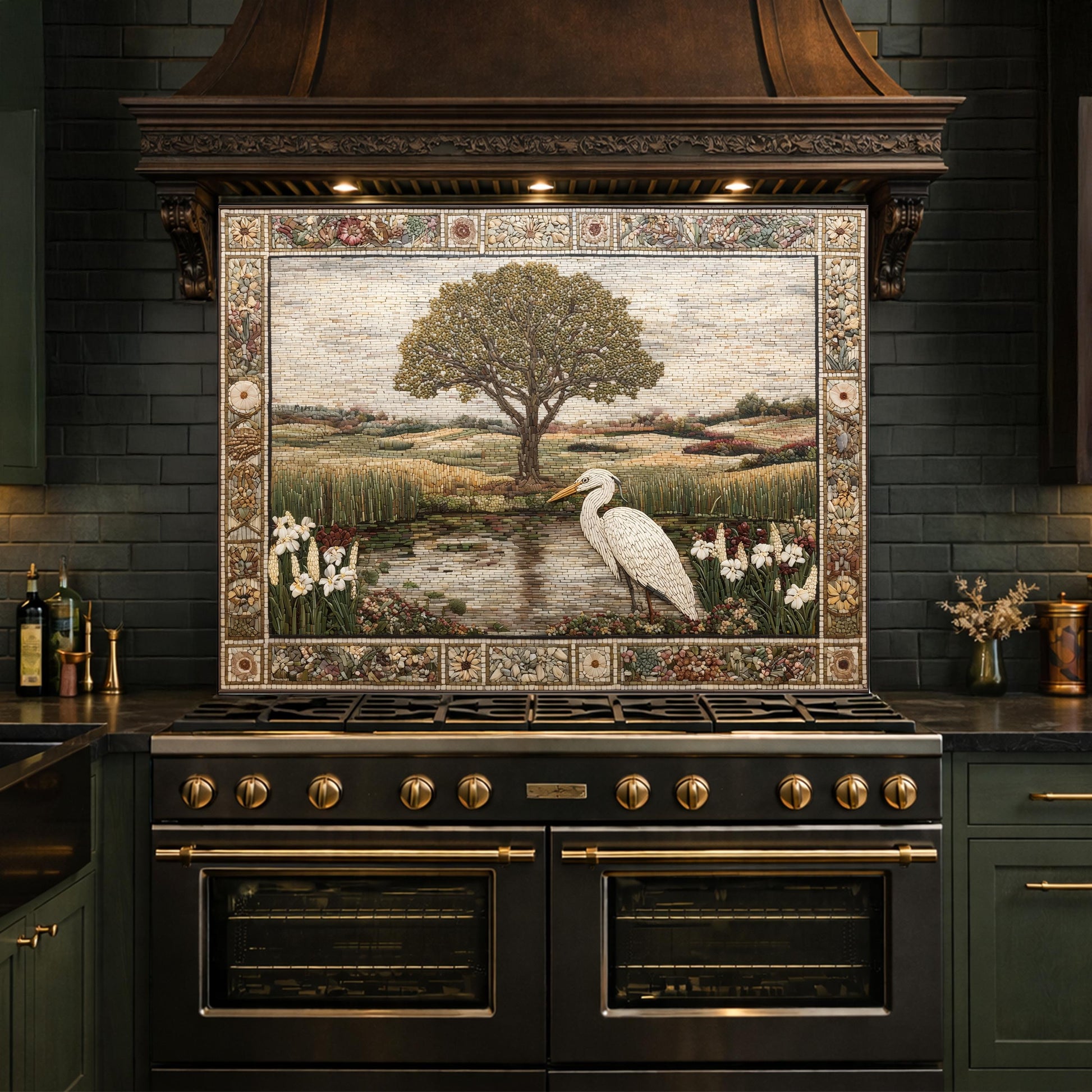 Heron Landscape Tempered Glass Backsplash, Rustic Nature Kitchen Decor, Stove Panel