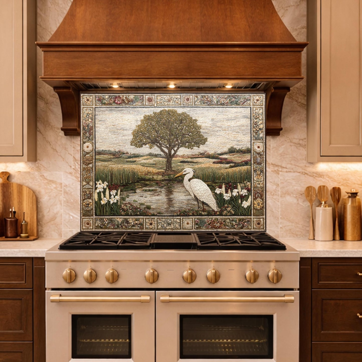 Heron Landscape Tempered Glass Backsplash, Rustic Nature Kitchen Decor, Stove Panel
