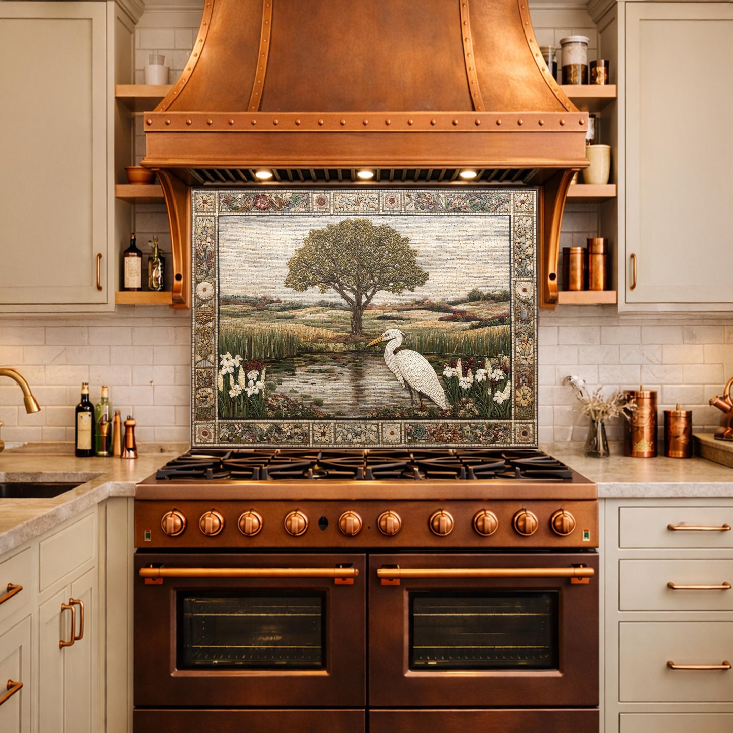 Heron Landscape Tempered Glass Backsplash, Rustic Nature Kitchen Decor, Stove Panel