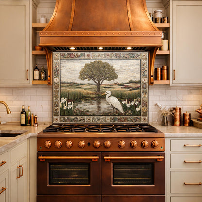 Heron Landscape Tempered Glass Backsplash, Rustic Nature Kitchen Decor, Stove Panel